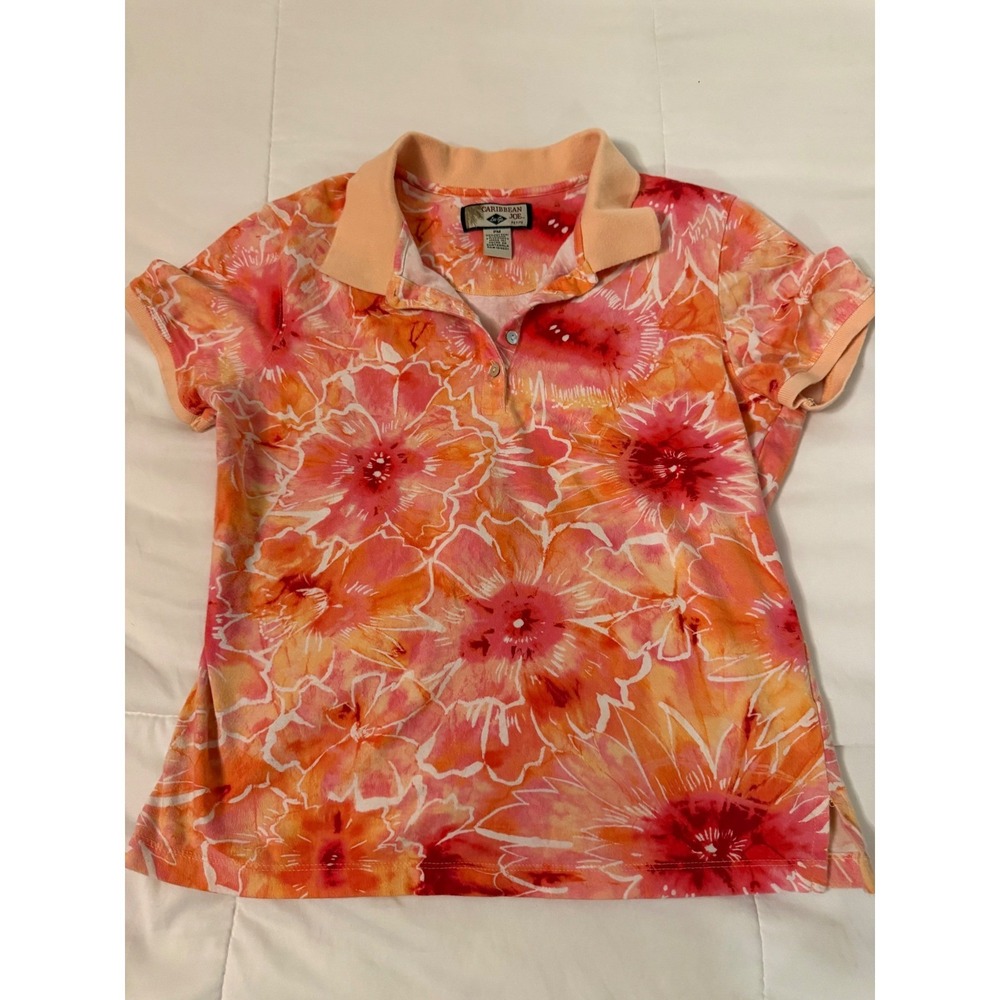 Caribbean Joe Lee Co Womens Petite Medium Polo Shirt Tropical Floral Orange Pink